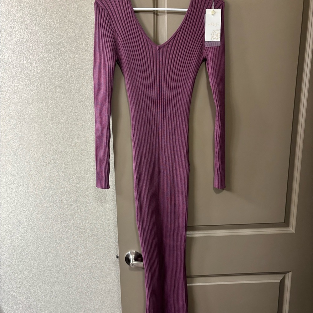 Chic Long Sleeve Ribbed Knit Dress in Purple